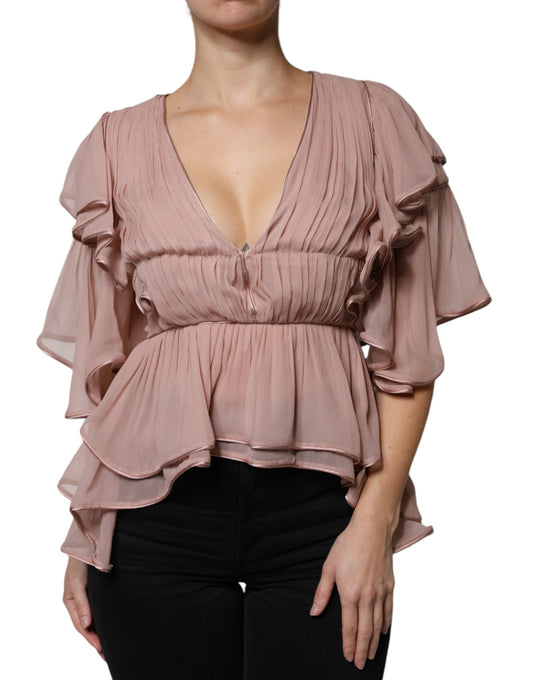 Top en soie marron à manches courtes et col en V, plissé, de Alberta Ferretti