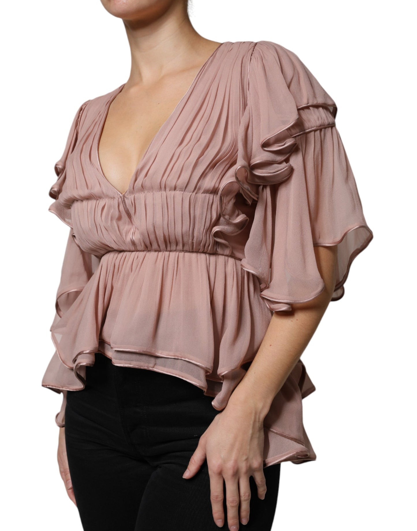 Top en soie marron à manches courtes et col en V, plissé, de Alberta Ferretti