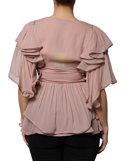Top en soie marron à manches courtes et col en V, plissé, de Alberta Ferretti