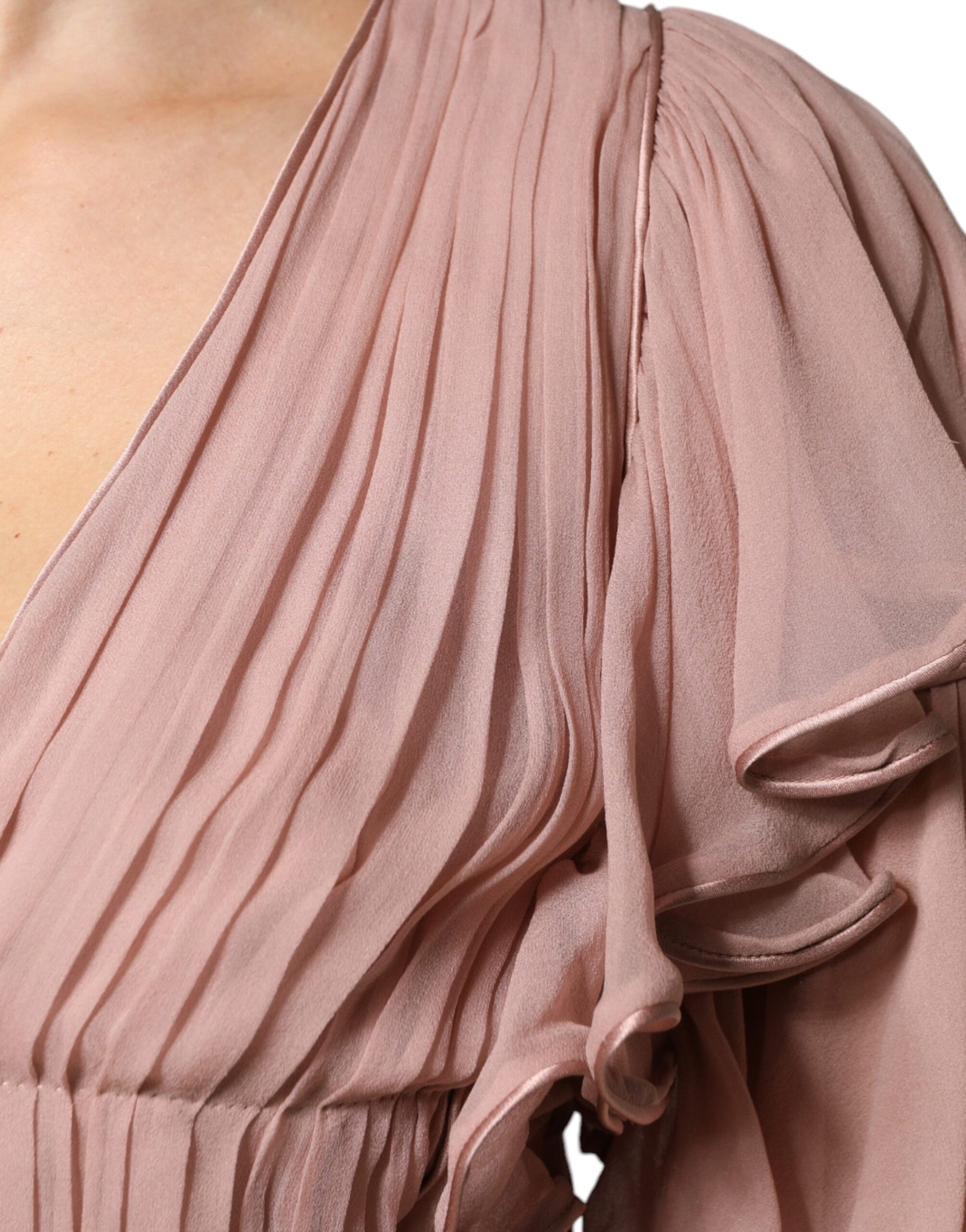 Top en soie marron à manches courtes et col en V, plissé, de Alberta Ferretti