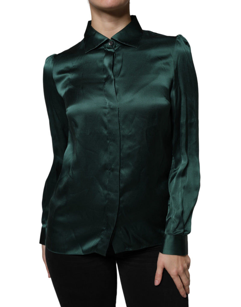 Dolce & Gabbana Dark Green Silk Button Down Long Sleeve Blouse