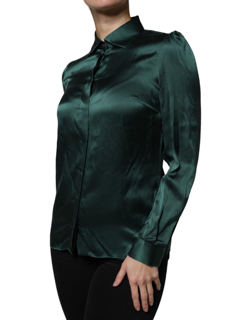 Dolce & Gabbana Dark Green Silk Button Down Long Sleeve Blouse
