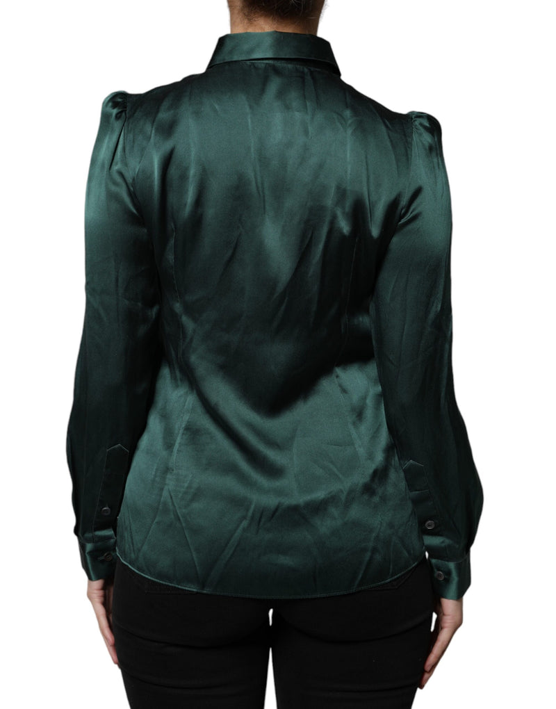 Dolce & Gabbana Dark Green Silk Button Down Long Sleeve Blouse