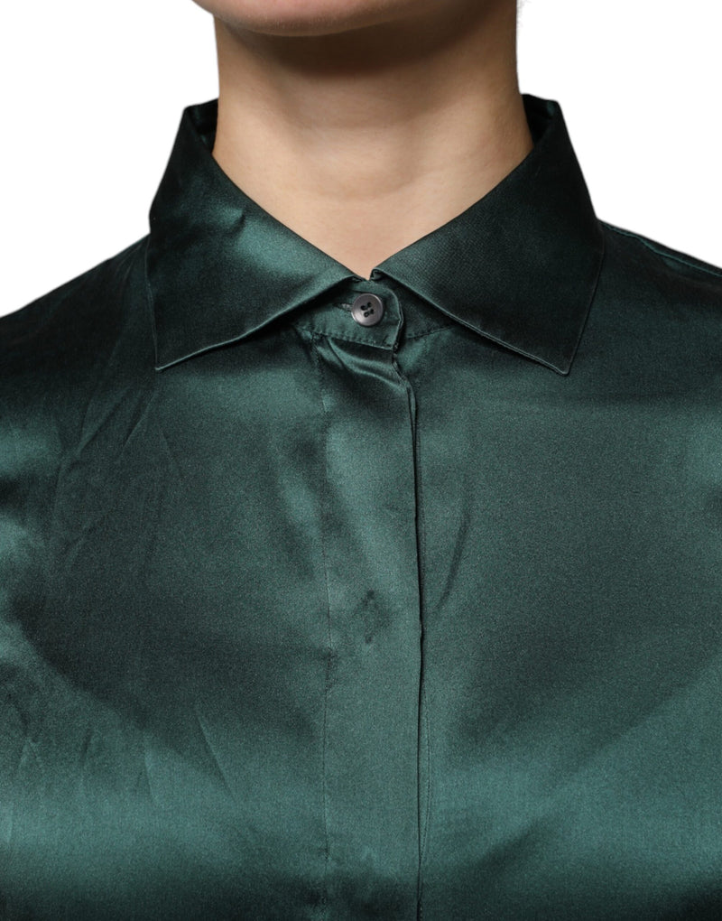 Dolce & Gabbana Dark Green Silk Button Down Long Sleeve Blouse