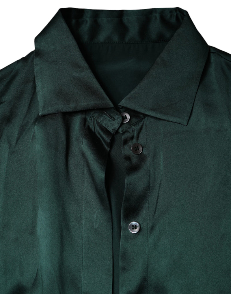 Dolce & Gabbana Dark Green Silk Button Down Long Sleeve Blouse
