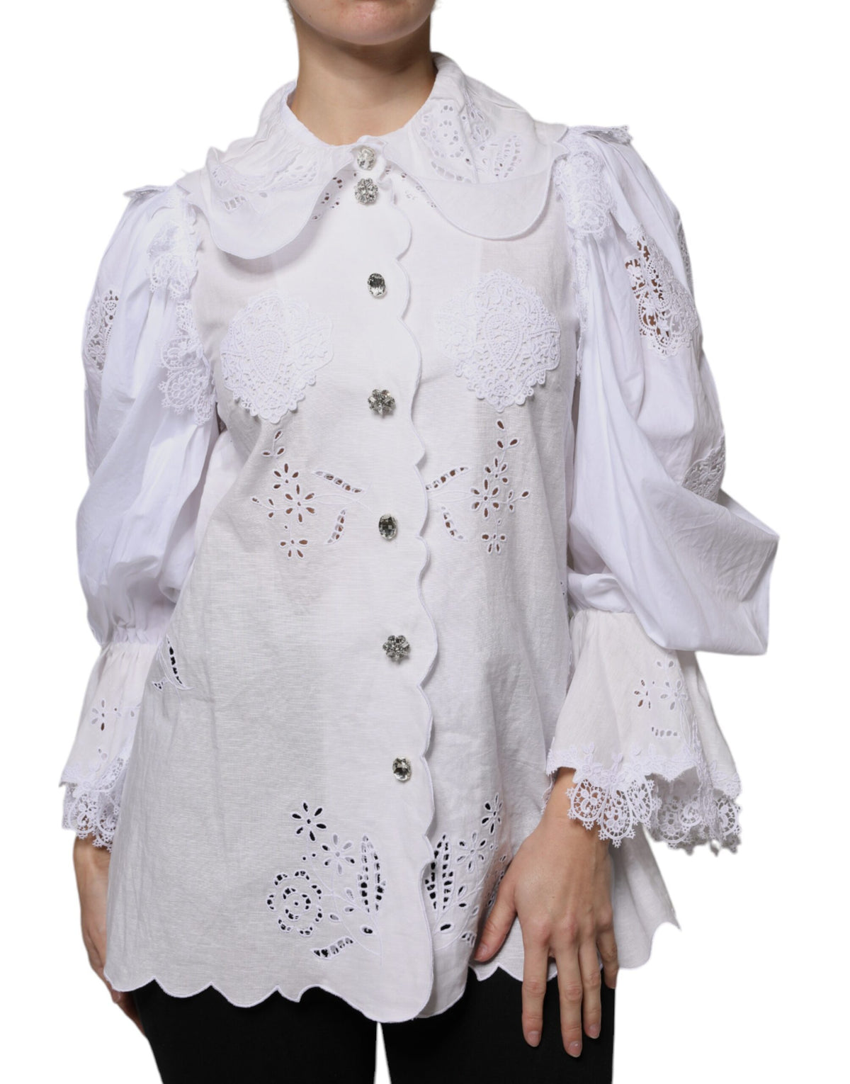 Dolce & Gabbana Blouse Top en Coton Blanc avec Dentelle