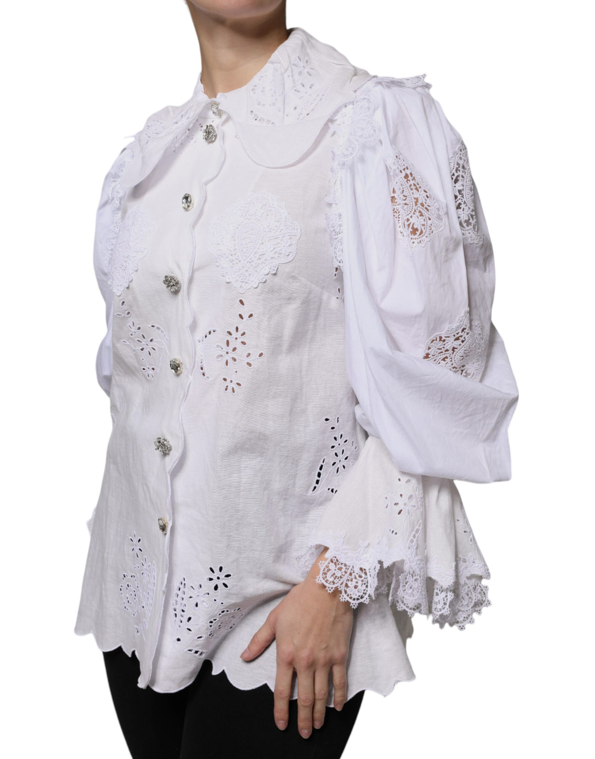 Dolce & Gabbana Blouse Top en Coton Blanc avec Dentelle