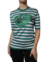 Dolce & Gabbana T-shirt Blanc à Rayures Vertes et Broderie Feuille