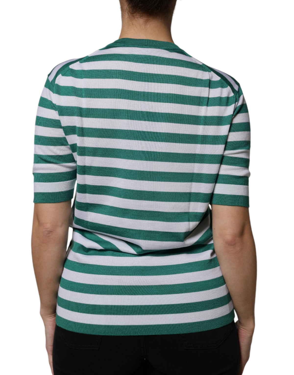 Dolce & Gabbana T-shirt Blanc à Rayures Vertes et Broderie Feuille