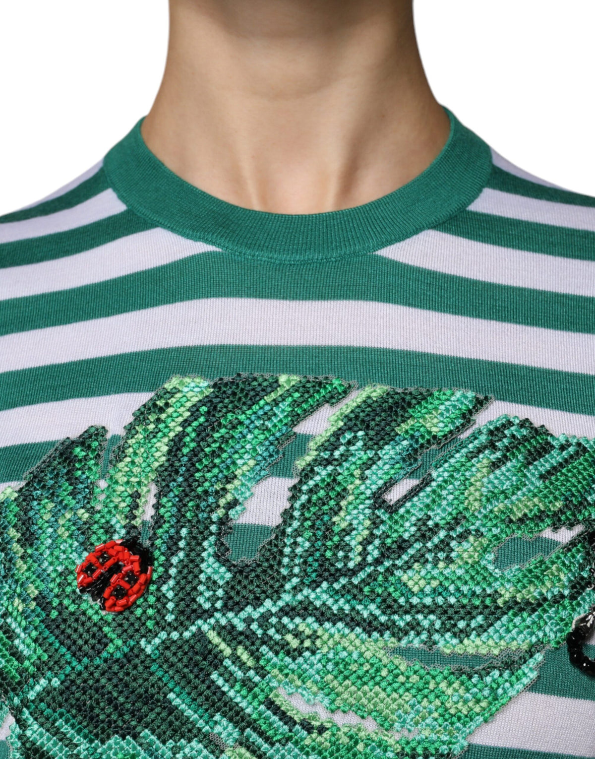 Dolce & Gabbana T-shirt Blanc à Rayures Vertes et Broderie Feuille