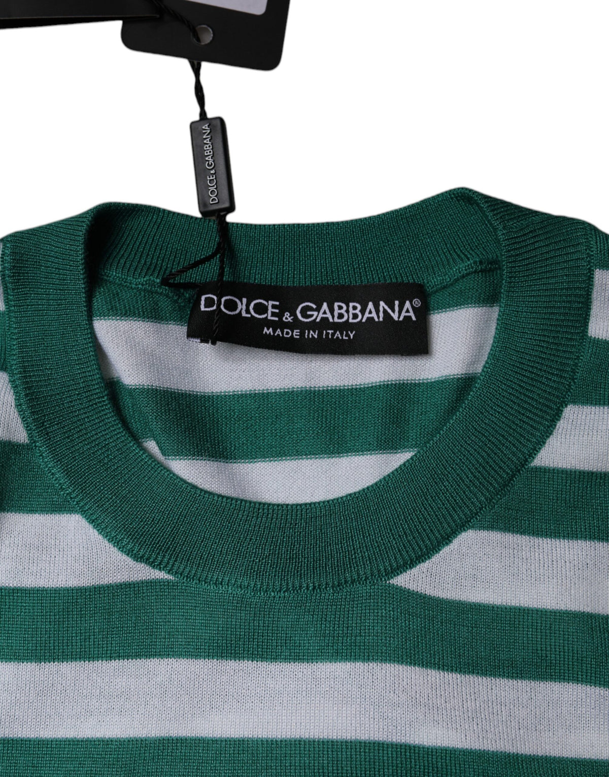Dolce & Gabbana T-shirt Blanc à Rayures Vertes et Broderie Feuille