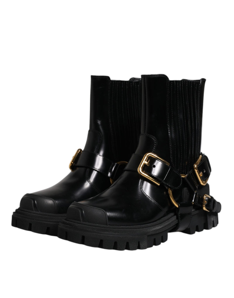 Dolce & Gabbana Black Leather Slip On Stretch Trekking Boots
