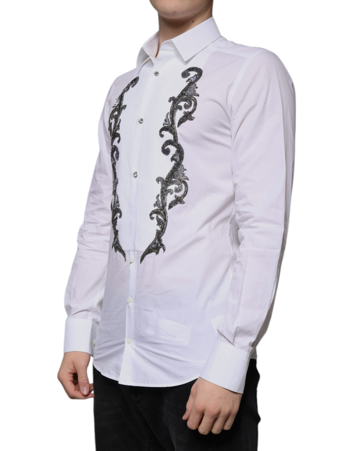Chemise de ville homme Dolce &amp; Gabbana, blanche, coupe ajustée, baroque dorée.