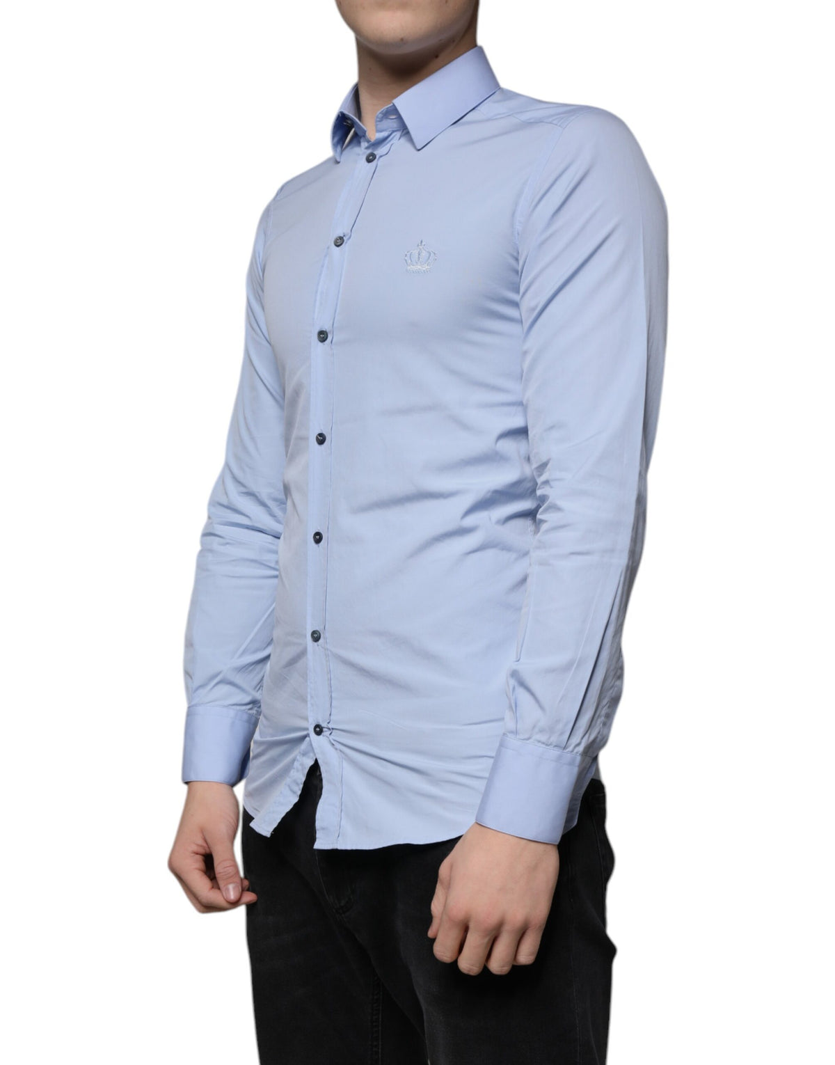 Chemise de cérémonie à manches longues, coupe slim, en coton bleu clair, dorée, Dolce &amp; Gabbana.