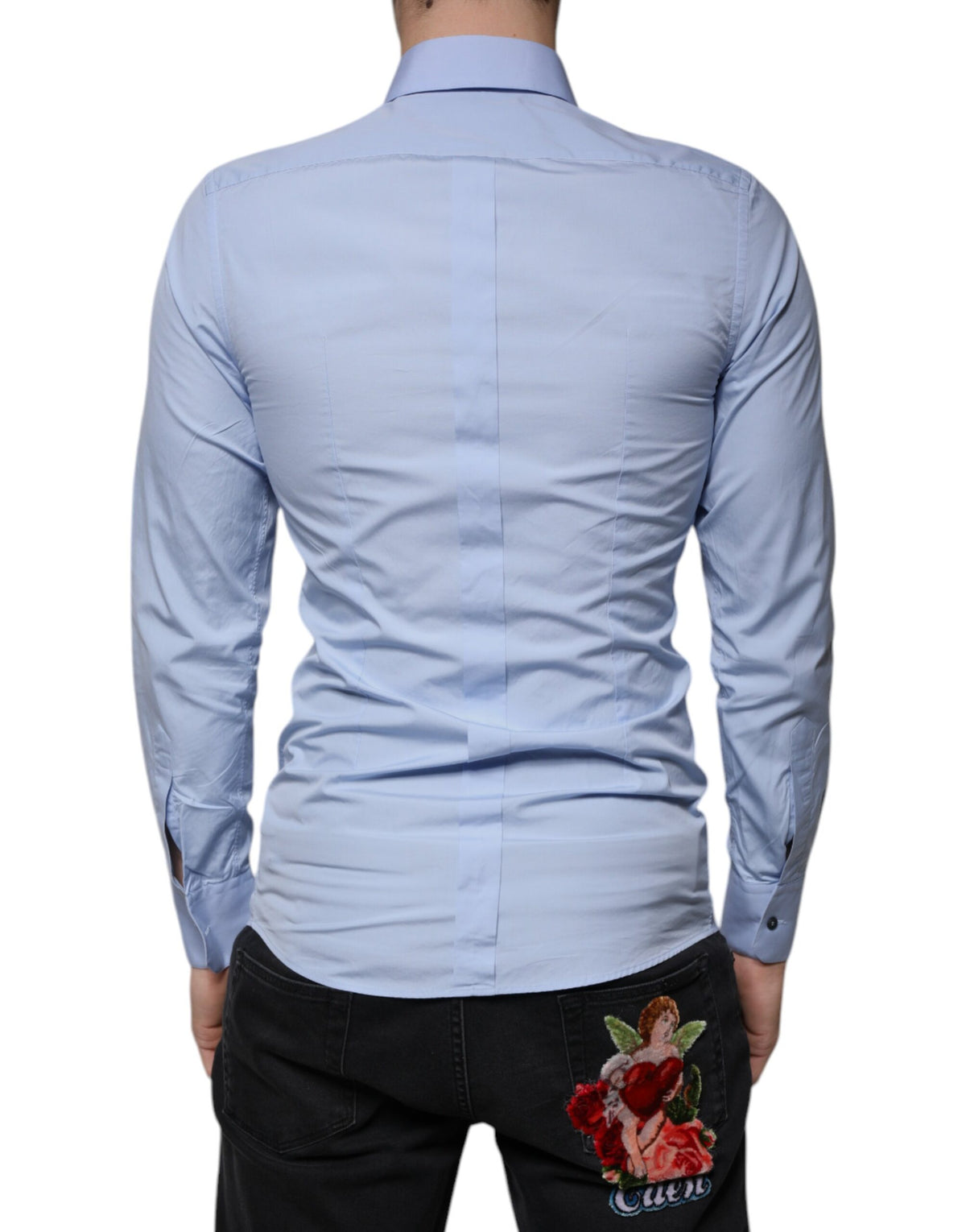 Chemise de cérémonie à manches longues, coupe slim, en coton bleu clair, dorée, Dolce &amp; Gabbana.