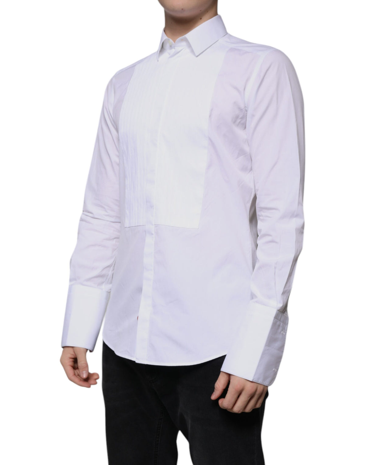 Chemise habillée pour homme en popeline de coton blanche à collet italien de Dolce &amp; Gabbana, dorée.