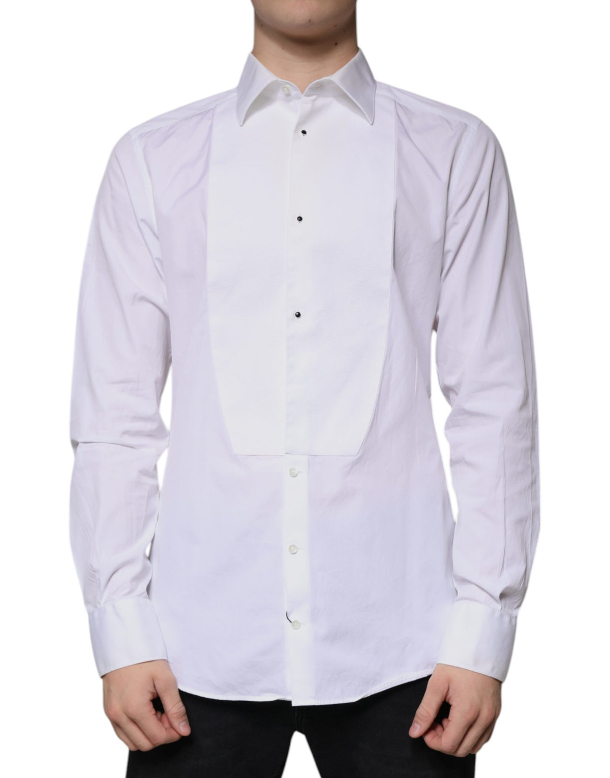 Chemise habillée pour homme en popeline de coton blanche à collet italien de Dolce &amp; Gabbana, dorée.
