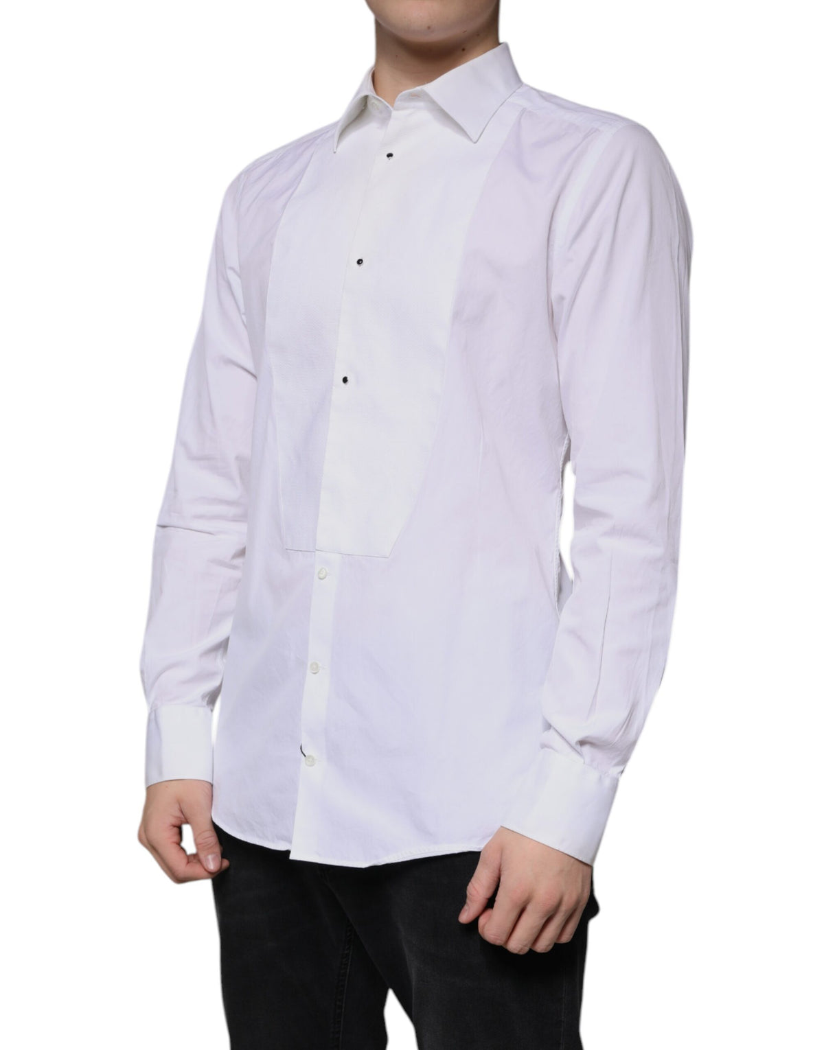 Chemise habillée pour homme en popeline de coton blanche à collet italien de Dolce &amp; Gabbana, dorée.