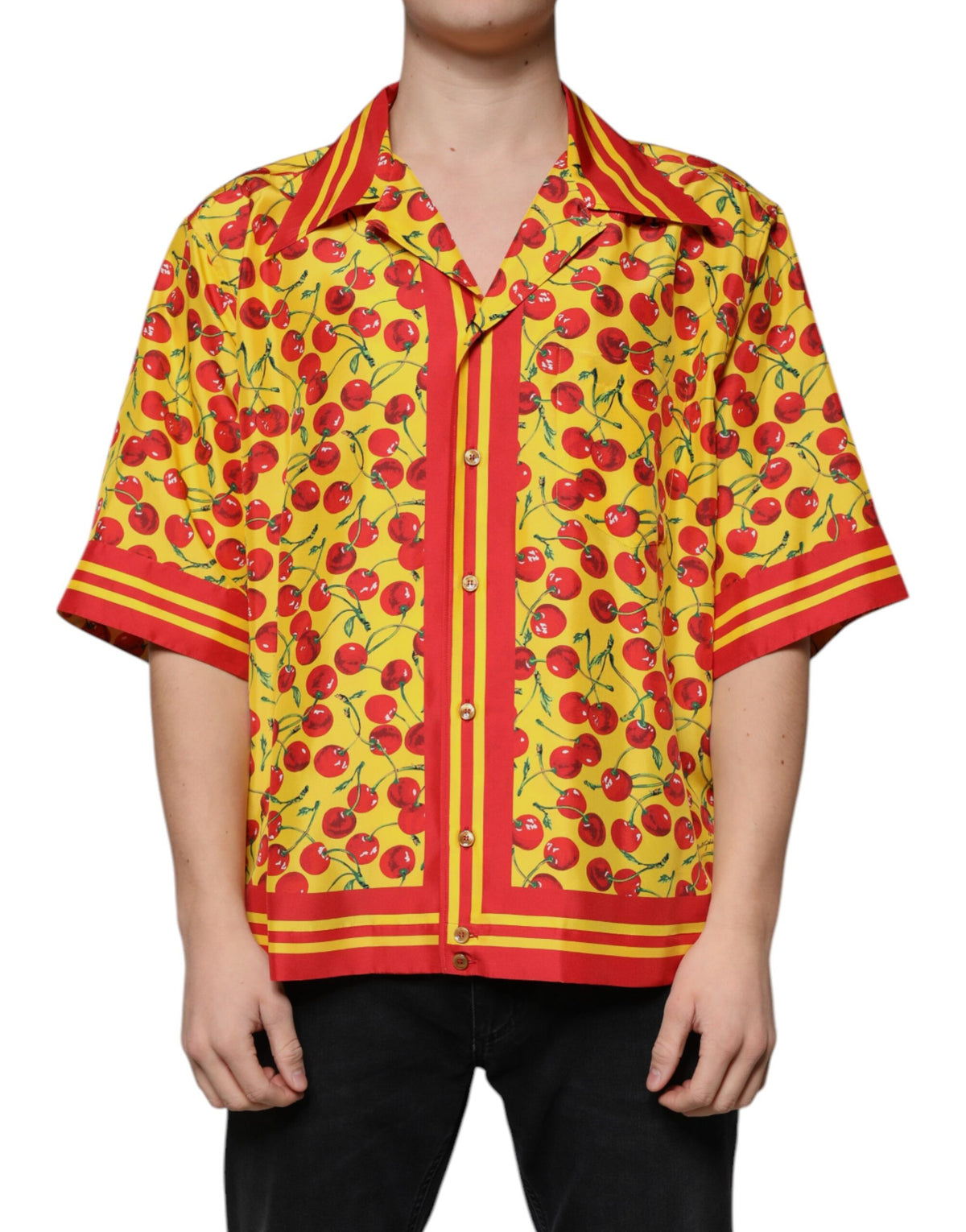 Chemise casual en soie à boutons, jaune cerise, Dolce &amp; Gabbana
