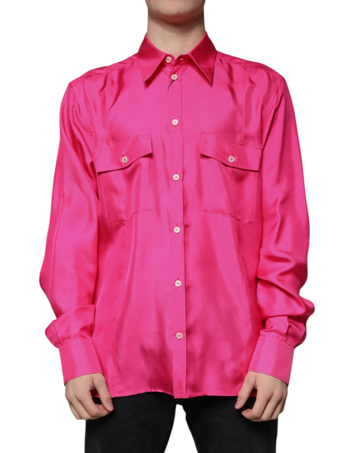 Chemise homme à col boutonné en soie rose de Dolce &amp; Gabbana