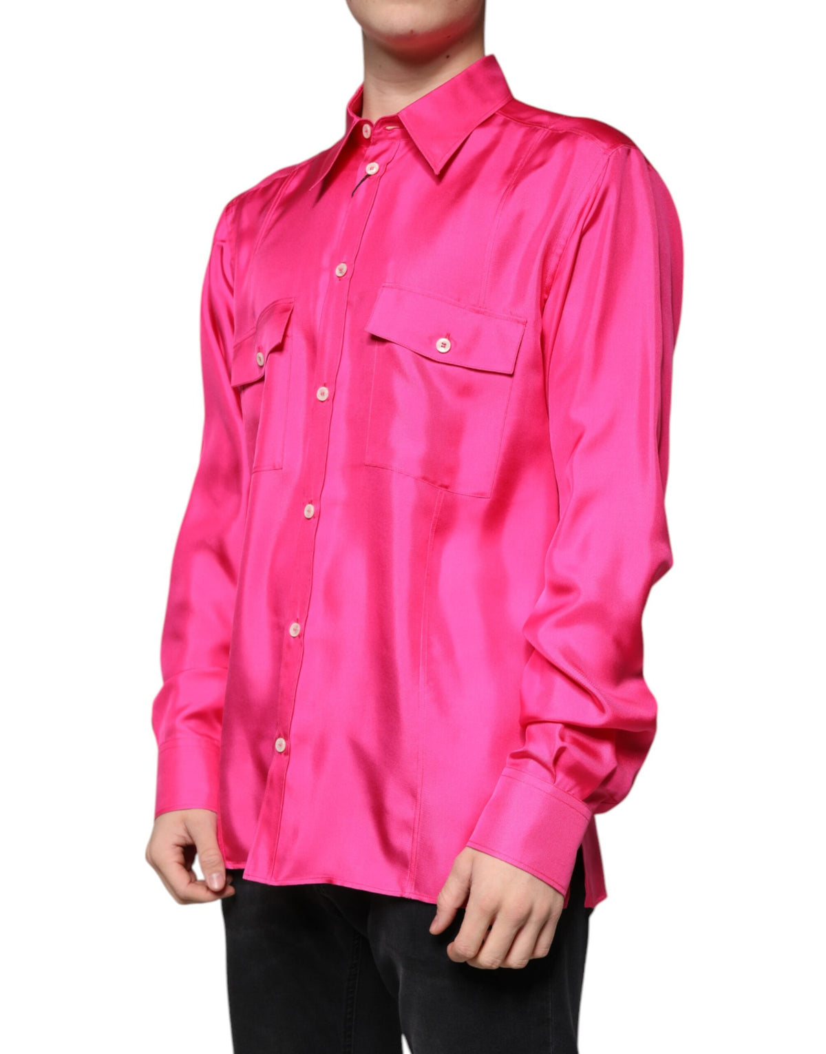 Chemise homme à col boutonné en soie rose de Dolce &amp; Gabbana