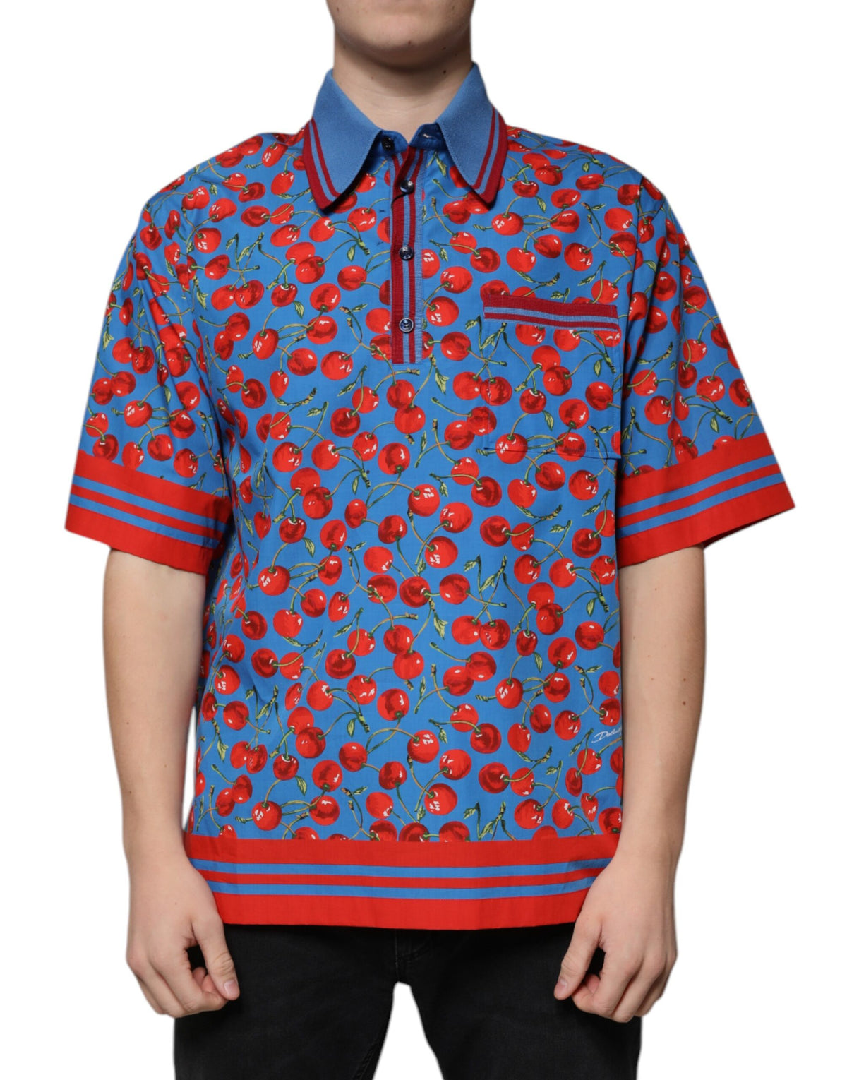 T-shirt polo pour homme Dolce &amp; Gabbana en coton bleu cerise avec col.