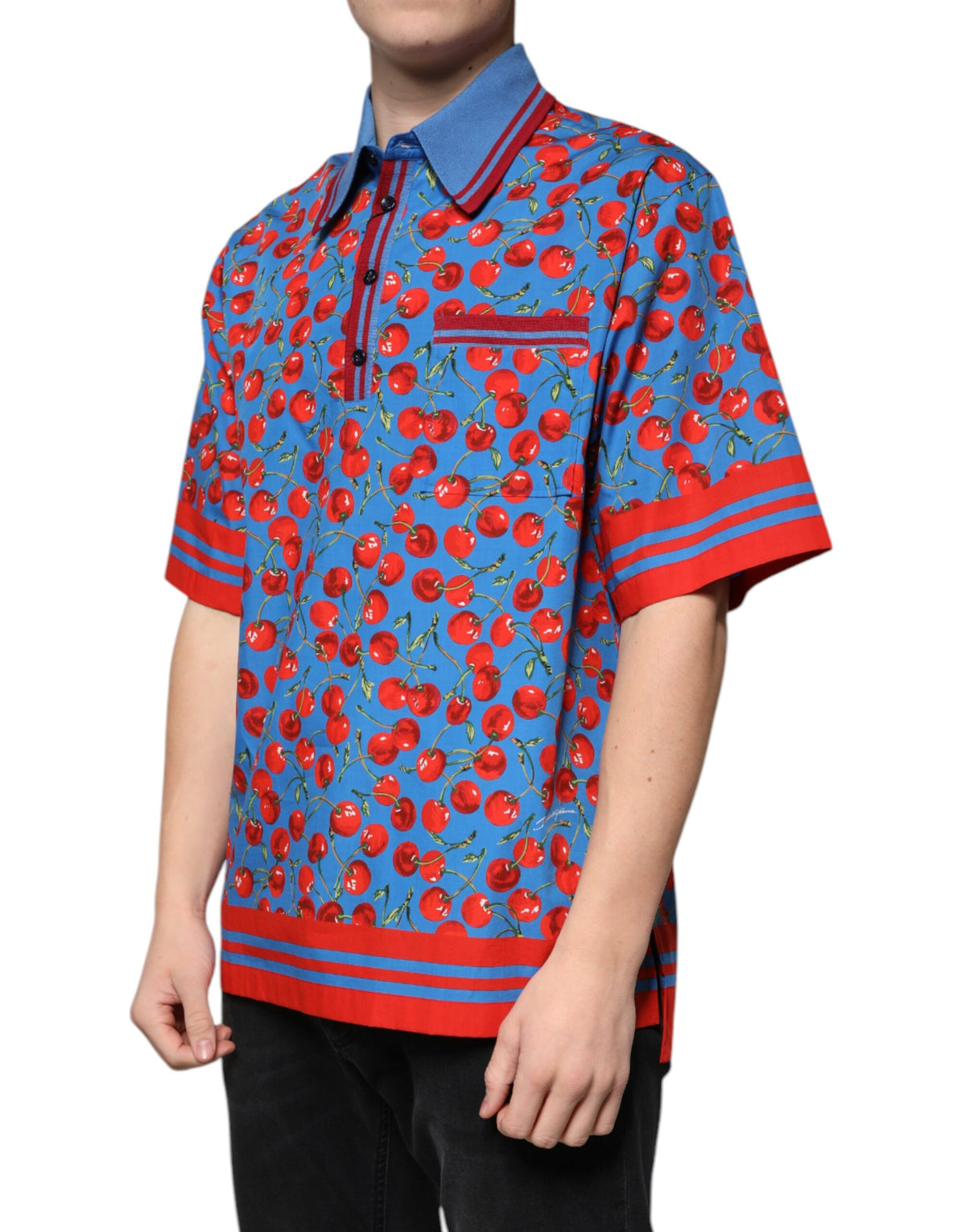 T-shirt polo pour homme Dolce &amp; Gabbana en coton bleu cerise avec col.