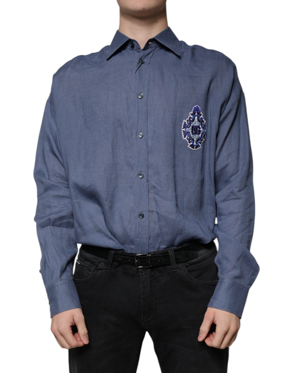 Chemise décontractée à manches longues et boutons, bleu, avec logo Dolce &amp; Gabbana