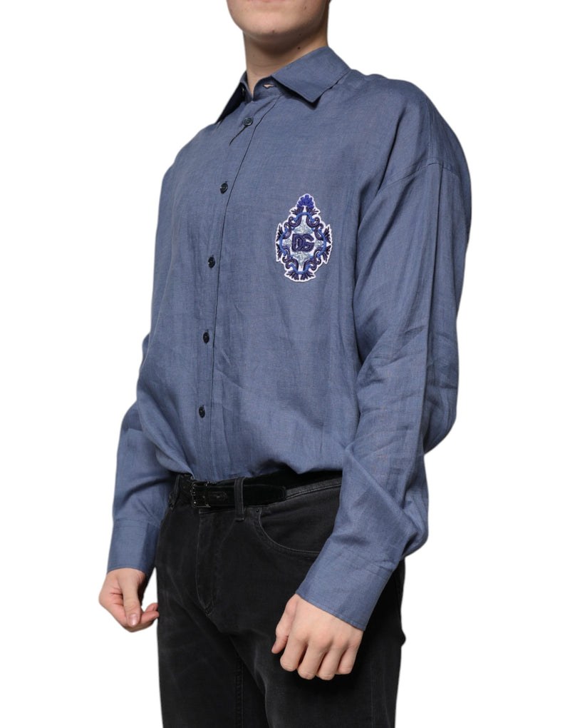 Chemise décontractée à manches longues et boutons, bleu, avec logo Dolce &amp; Gabbana
