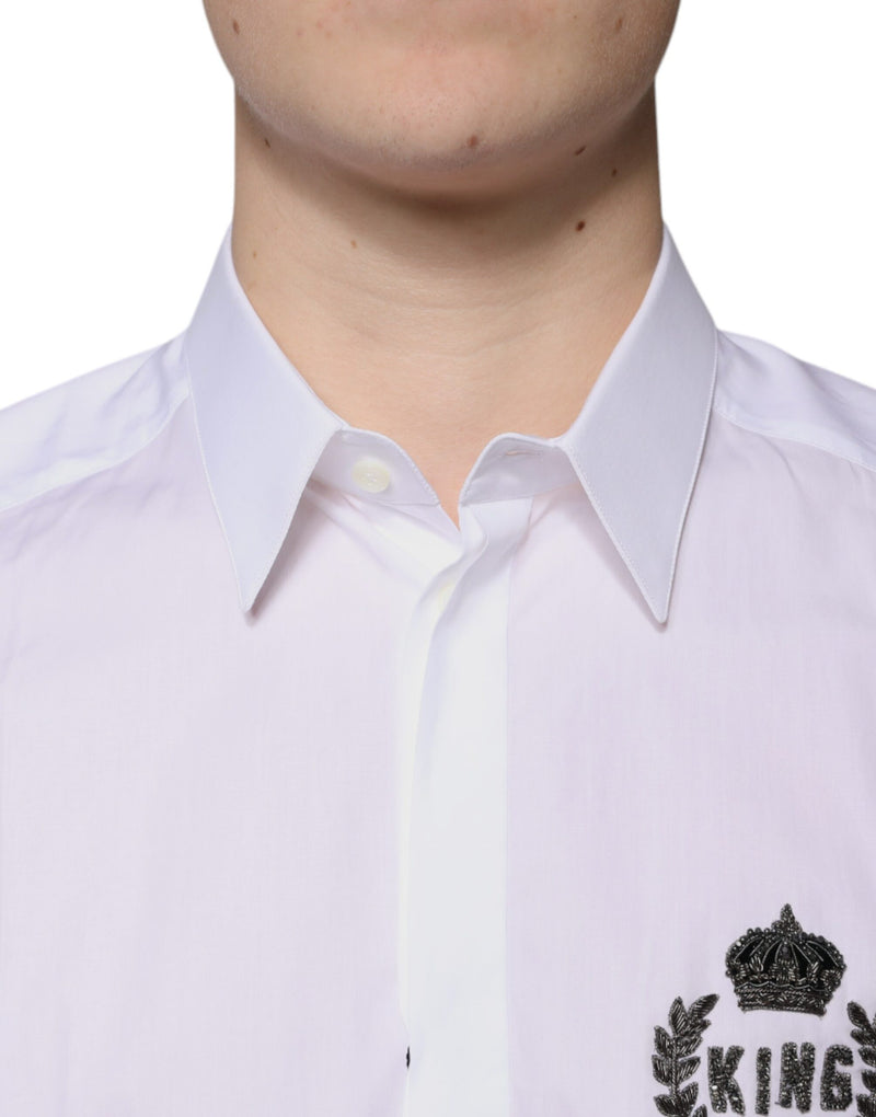 Dolce &amp; Gabbana wit katoenen overhemd met logo, formele herenkleding, goudkleurig.
