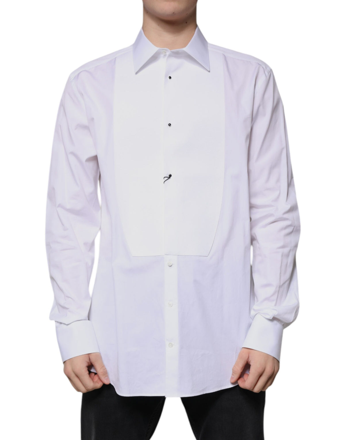 Chemise habillée blanche en popeline de coton à col montant de Dolce &amp; Gabbana, dorée.