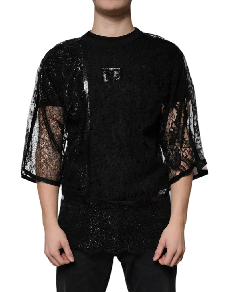 T-shirt à col rond en nylon noir brodé de dentelle florale de Dolce &amp; Gabbana
