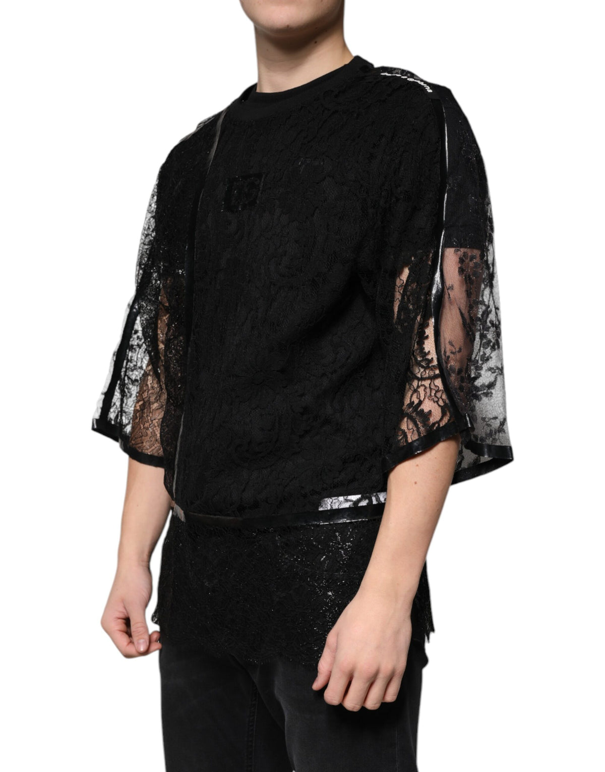 T-shirt à col rond en nylon noir brodé de dentelle florale de Dolce &amp; Gabbana