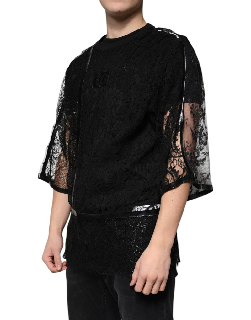 T-shirt à col rond en nylon noir brodé de dentelle florale de Dolce &amp; Gabbana