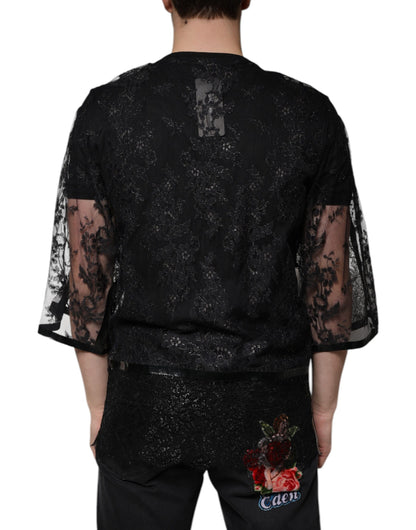 T-shirt à col rond en nylon noir brodé de dentelle florale de Dolce &amp; Gabbana