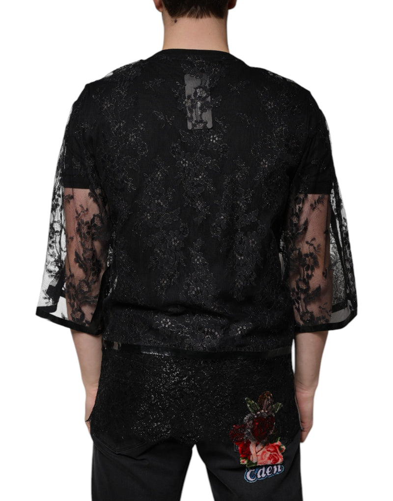 T-shirt à col rond en nylon noir brodé de dentelle florale de Dolce &amp; Gabbana