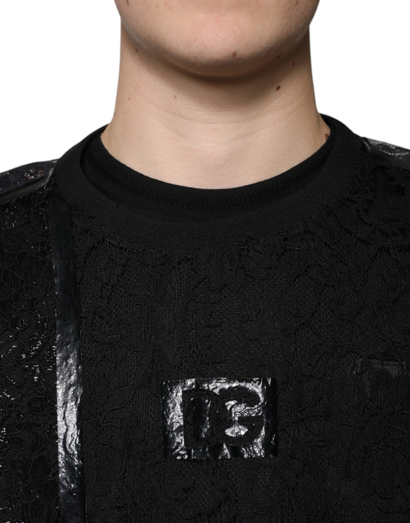 T-shirt à col rond en nylon noir brodé de dentelle florale de Dolce &amp; Gabbana
