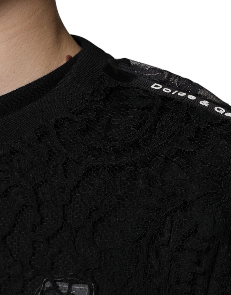 T-shirt à col rond en nylon noir brodé de dentelle florale de Dolce &amp; Gabbana