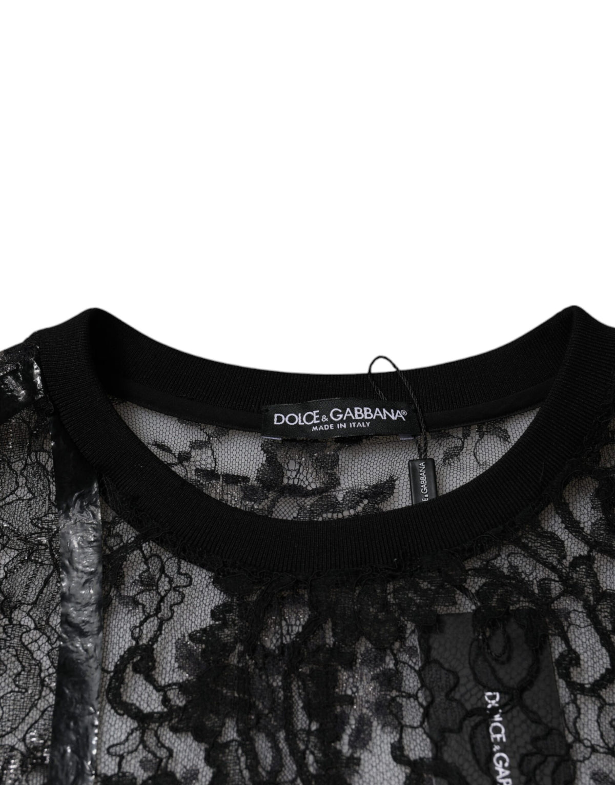T-shirt à col rond en nylon noir brodé de dentelle florale de Dolce &amp; Gabbana