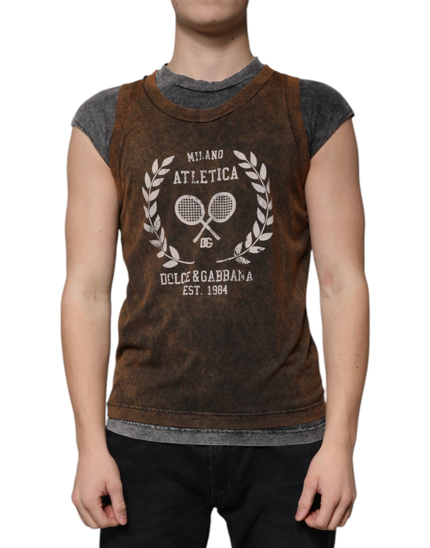 T-shirt sans manches à col rond en coton brun de Dolce &amp; Gabbana