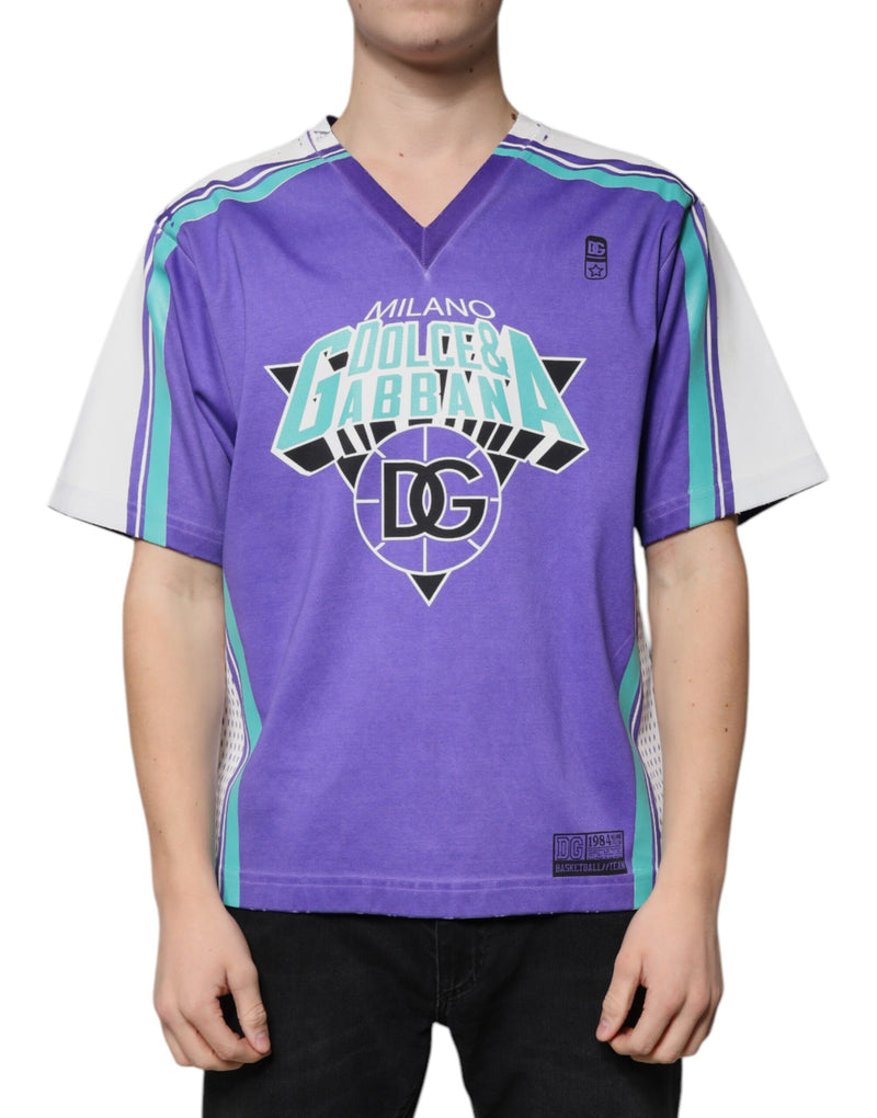T-shirt en coton jersey à col en V avec logo violet de Dolce &amp; Gabbana