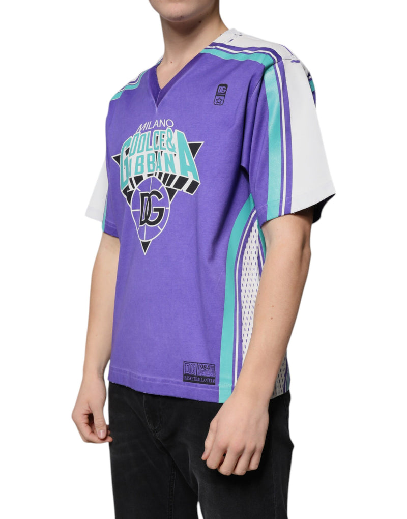 T-shirt en coton jersey à col en V avec logo violet de Dolce &amp; Gabbana