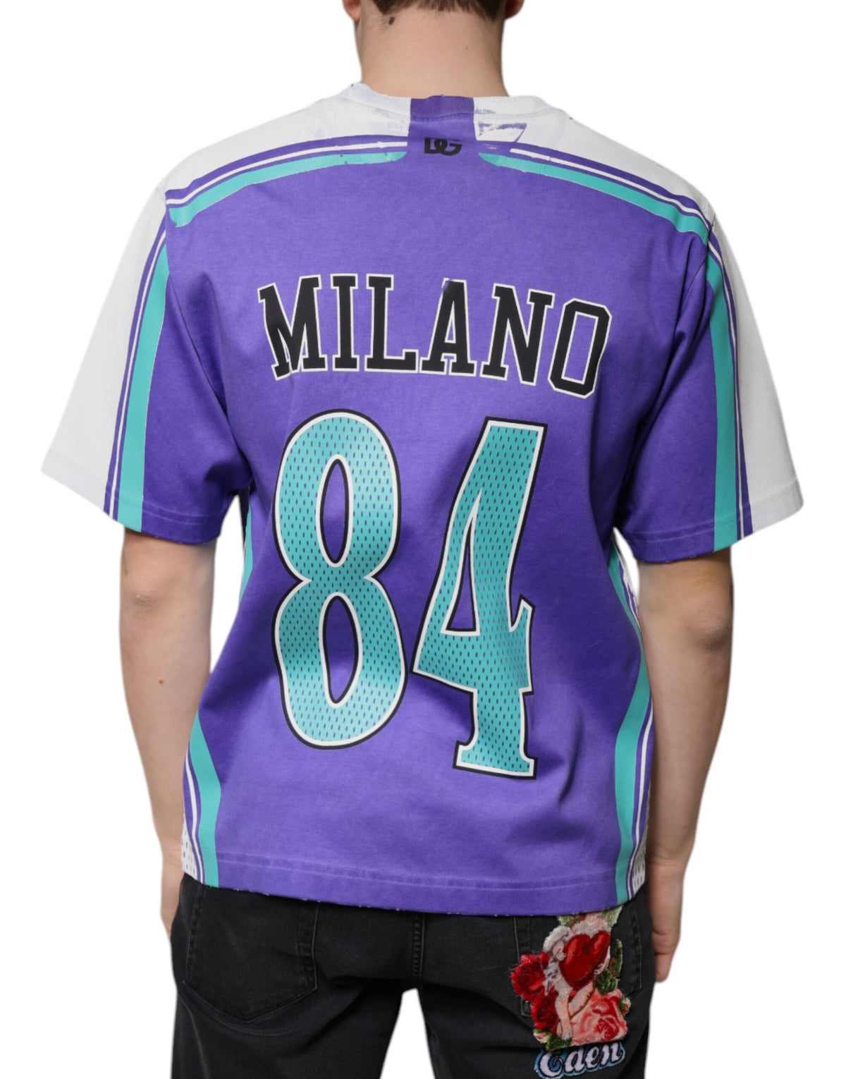 T-shirt en coton jersey à col en V avec logo violet de Dolce &amp; Gabbana