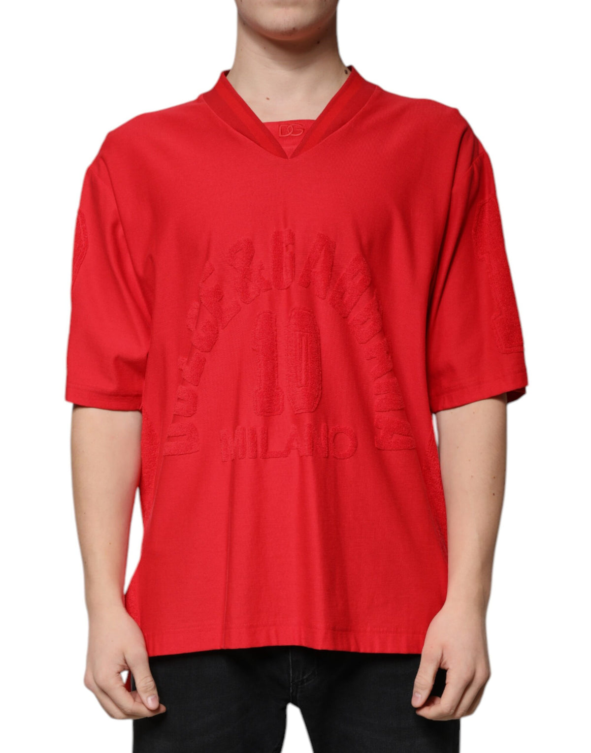 T-shirt rouge en coton à manches courtes et col en V de Dolce &amp; Gabbana