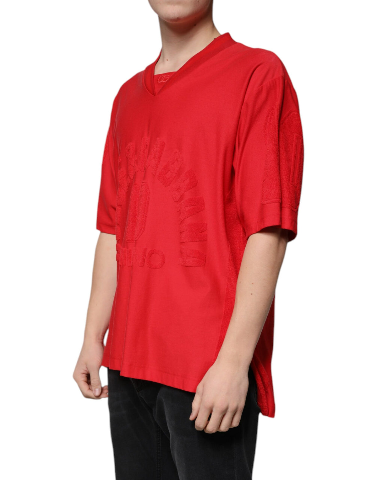 T-shirt rouge en coton à manches courtes et col en V de Dolce &amp; Gabbana