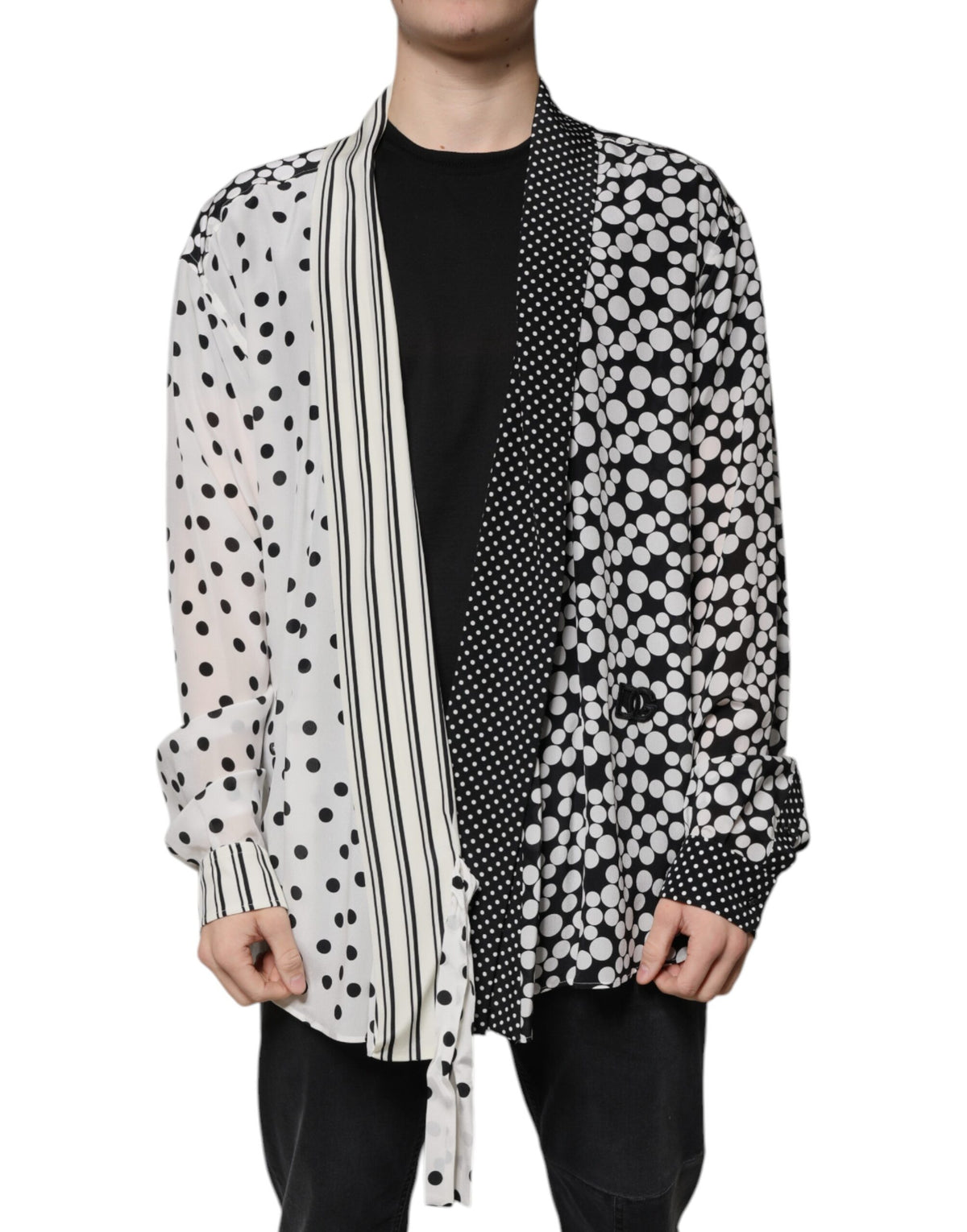 Chemise homme décontractée en soie à pois noirs et blancs Dolce &amp; Gabbana