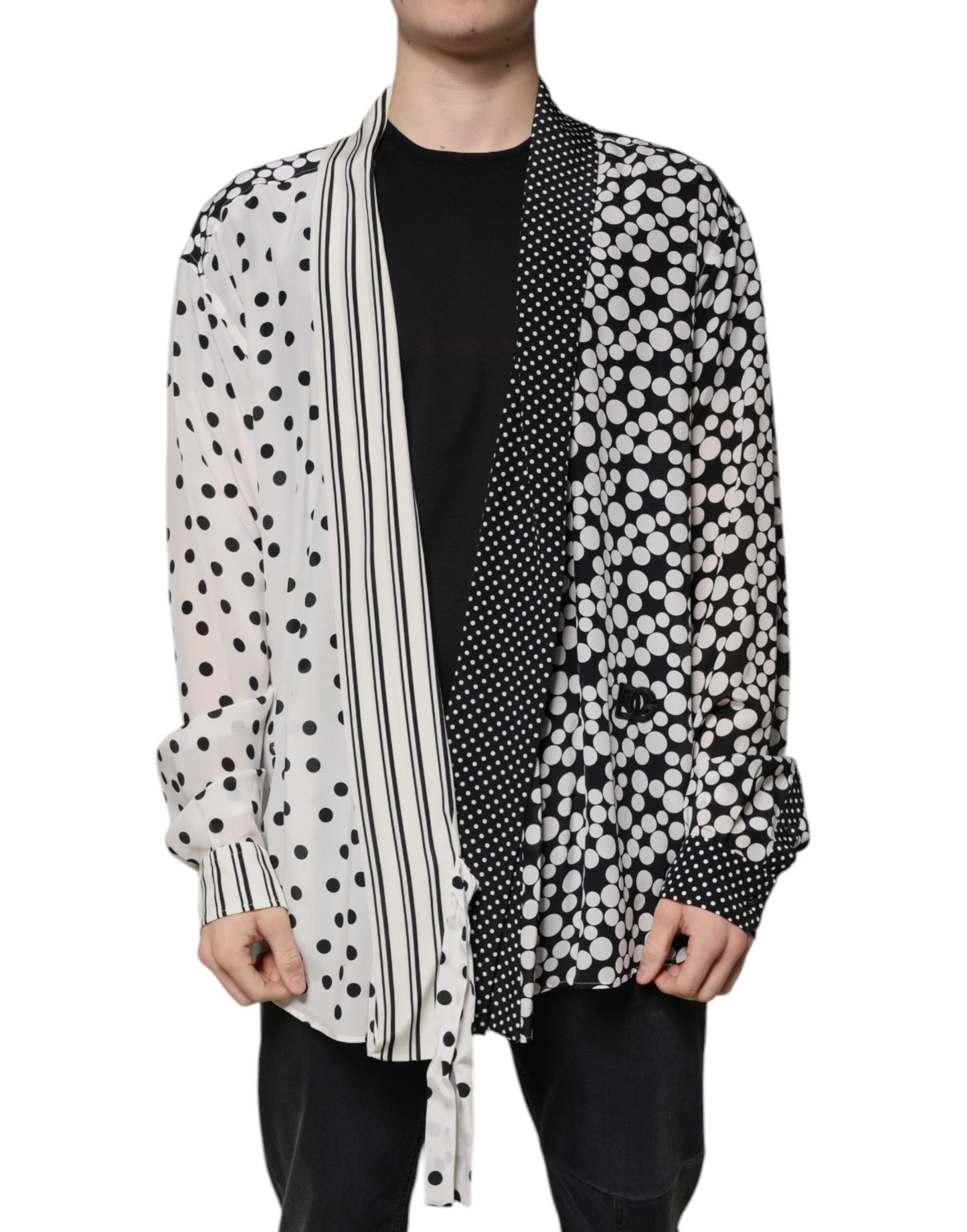Chemise homme décontractée en soie à pois noirs et blancs Dolce &amp; Gabbana