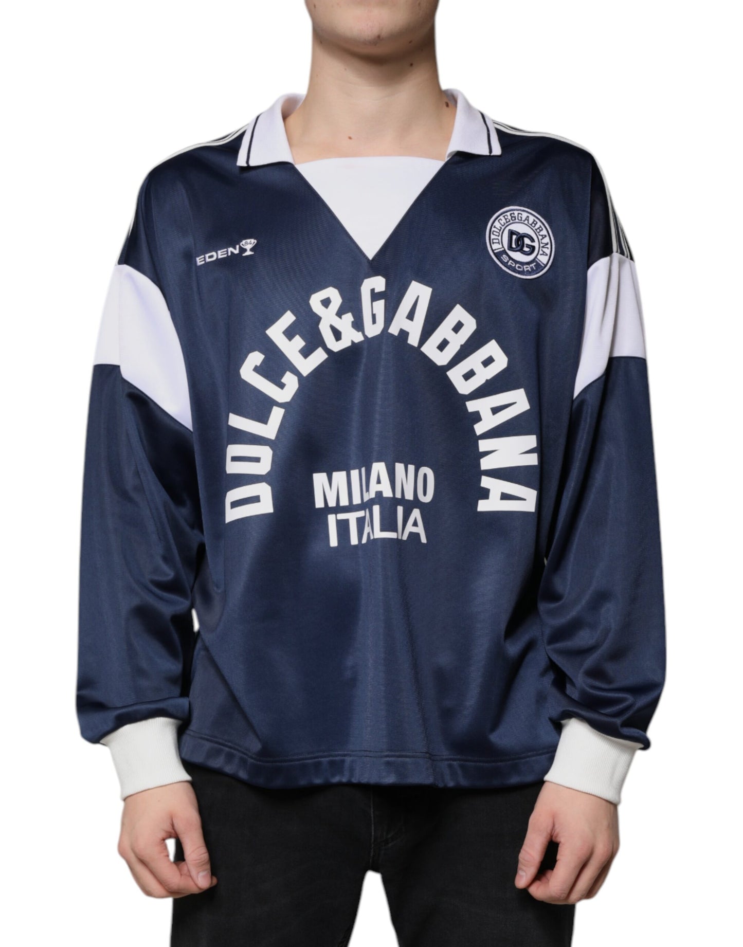 Dolce & Gabbana Blauw Wit Milano T-shirt met Lange Mouwen van Jersey