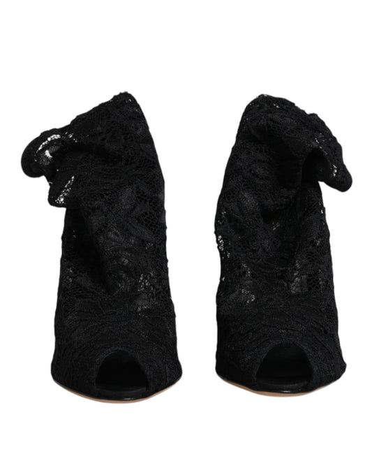 Dolce & Gabbana Black Lace Stretch Heels Mid Calf Boots