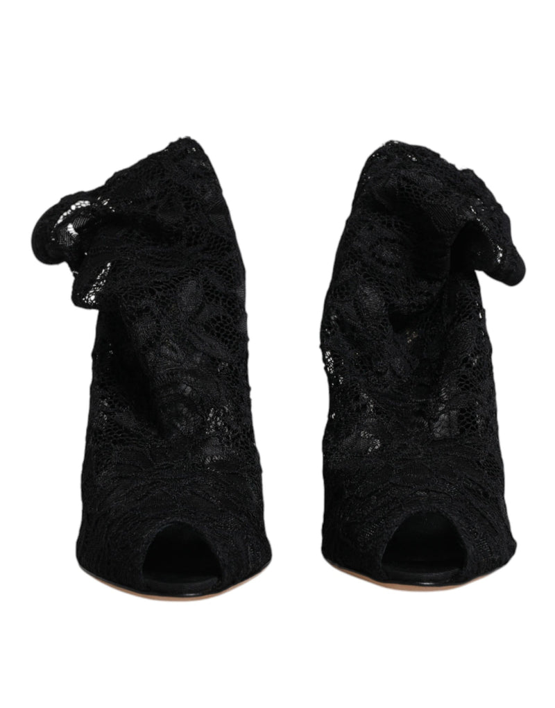 Dolce & Gabbana Black Lace Stretch Heels Mid Calf Boots